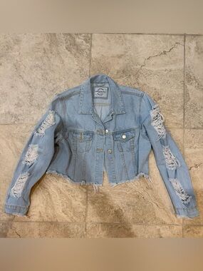 American Bazi Light Blue Distressed Cropped Denim Jacket